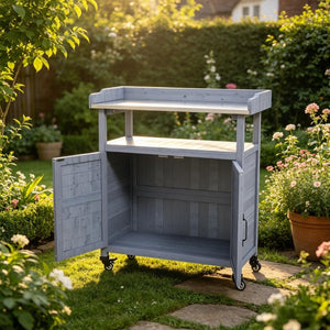 English Elm Backyard Rolling Potting Bench with Fir Wood Frame and Aluminum Worktop Storage T3971P535219