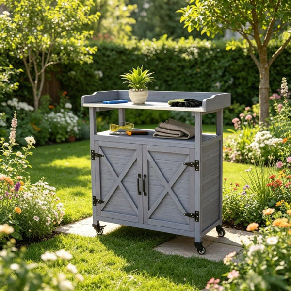 English Elm Backyard Rolling Potting Bench with Fir Wood Frame and Aluminum Worktop Storage T3971P535219