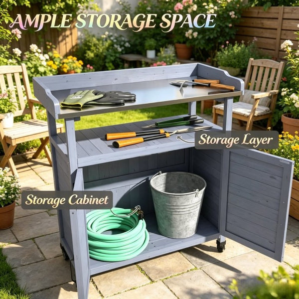 English Elm Backyard Rolling Potting Bench with Fir Wood Frame and Aluminum Worktop Storage T3971P535219