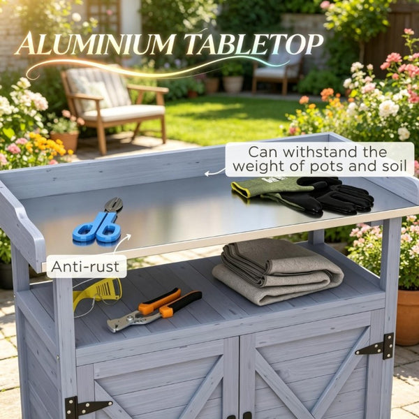English Elm Backyard Rolling Potting Bench with Fir Wood Frame and Aluminum Worktop Storage T3971P535219
