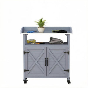 English Elm Backyard Rolling Potting Bench with Fir Wood Frame and Aluminum Worktop Storage T3971P535219