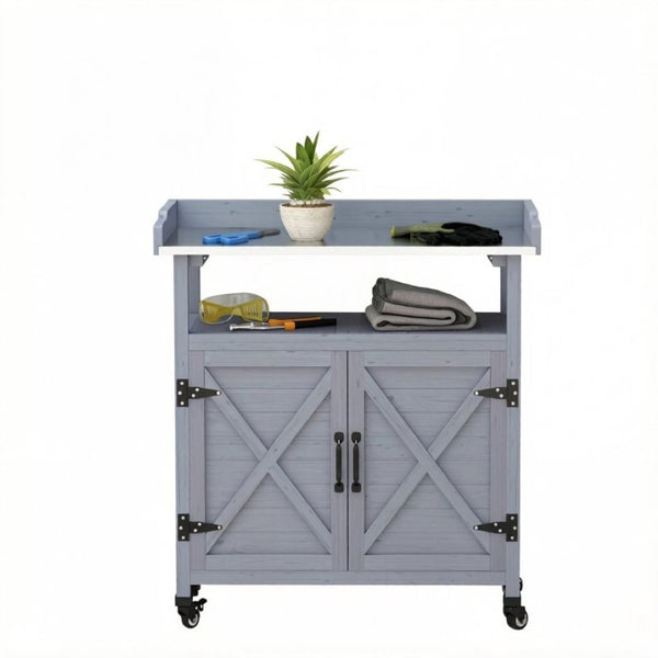 English Elm Backyard Rolling Potting Bench with Fir Wood Frame and Aluminum Worktop Storage T3971P535219