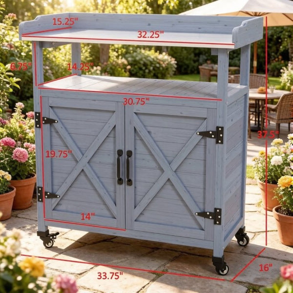 English Elm Backyard Rolling Potting Bench with Fir Wood Frame and Aluminum Worktop Storage T3971P535219