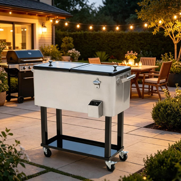 English Elm Outdoor Rolling Ice Chest Cart with Locking Wheels Bottle Opener and 80Qt Capacity T3971P537335
