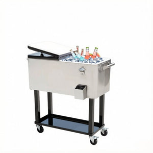 English Elm Outdoor Rolling Ice Chest Cart with Locking Wheels Bottle Opener and 80Qt Capacity T3971P537335
