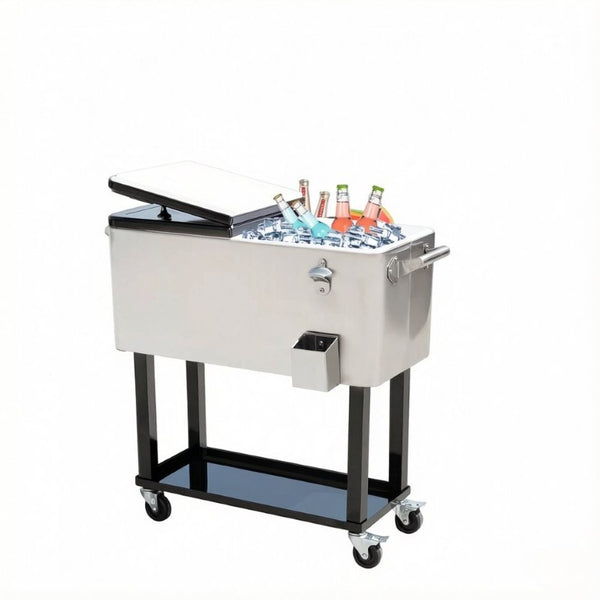 English Elm Outdoor Rolling Ice Chest Cart with Locking Wheels Bottle Opener and 80Qt Capacity T3971P537335