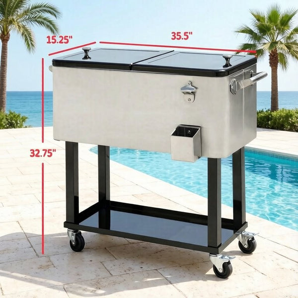 English Elm Outdoor Rolling Ice Chest Cart with Locking Wheels Bottle Opener and 80Qt Capacity T3971P537335