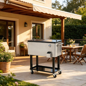 English Elm Outdoor Rolling Ice Chest Cart with Locking Wheels Bottle Opener and 80Qt Capacity T3971P537335