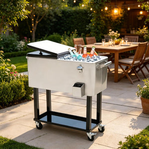 English Elm Outdoor Rolling Ice Chest Cart with Locking Wheels Bottle Opener and 80Qt Capacity T3971P537335