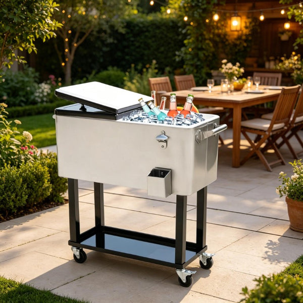 English Elm Outdoor Rolling Ice Chest Cart with Locking Wheels Bottle Opener and 80Qt Capacity T3971P537335