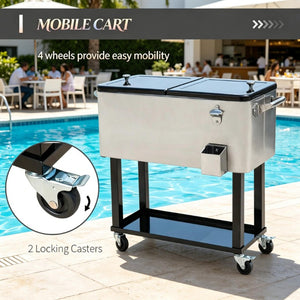 English Elm Outdoor Rolling Ice Chest Cart with Locking Wheels Bottle Opener and 80Qt Capacity T3971P537335