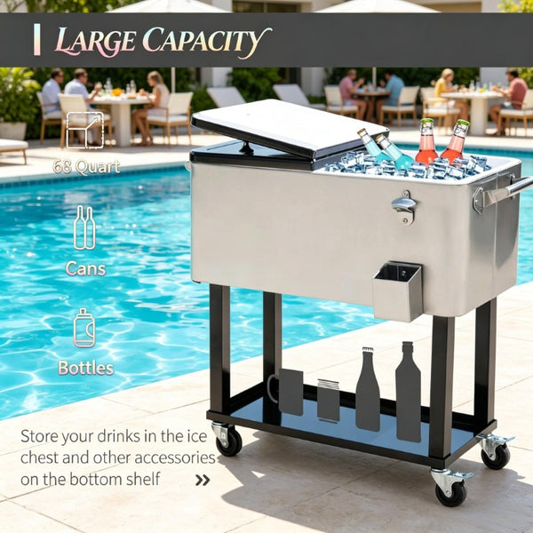 English Elm Outdoor Rolling Ice Chest Cart with Locking Wheels Bottle Opener and 80Qt Capacity T3971P537335