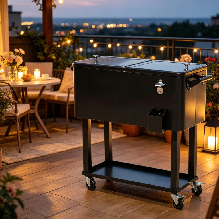 English Elm Mobile Rolling Ice Chest Cart with Bottle Opener and Drainage for Patio Gatherings T3971P537348