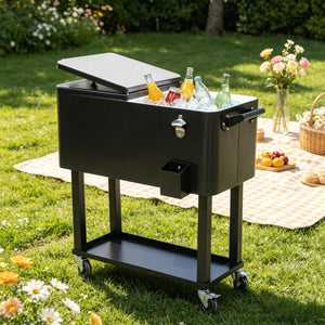 English Elm Mobile Rolling Ice Chest Cart with Bottle Opener and Drainage for Patio Gatherings T3971P537348