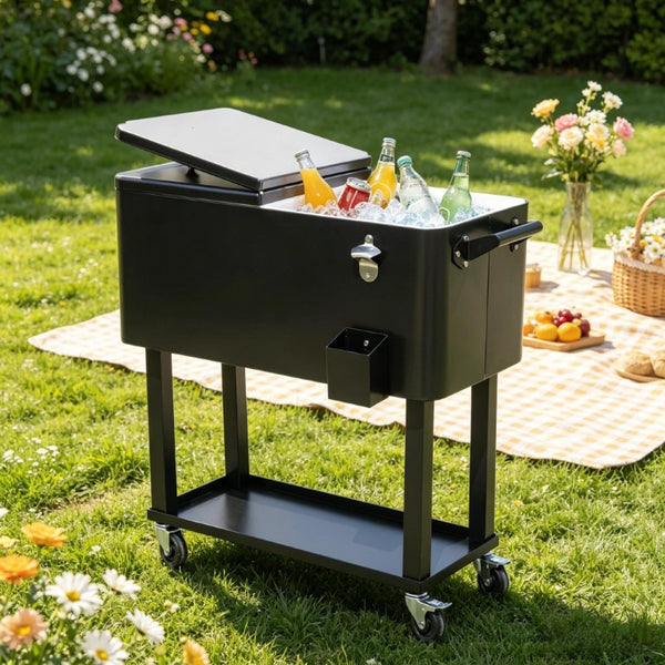 English Elm Mobile Rolling Ice Chest Cart with Bottle Opener and Drainage for Patio Gatherings T3971P537348