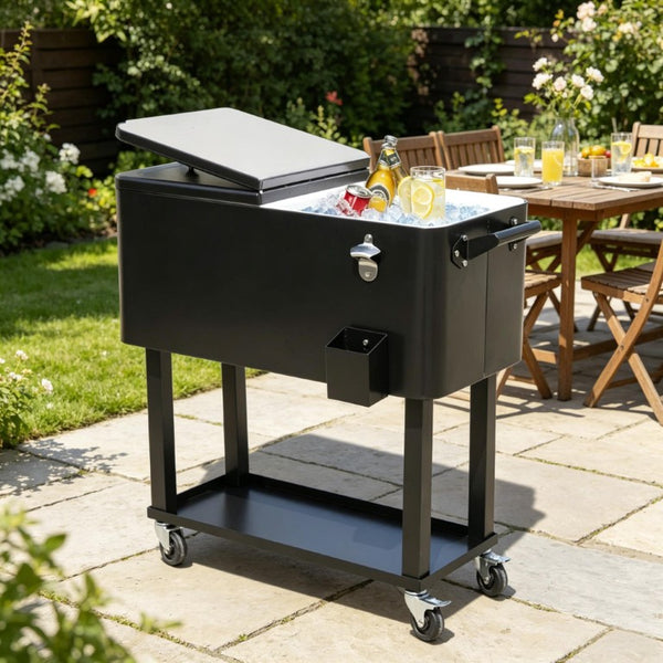 English Elm Mobile Rolling Ice Chest Cart with Bottle Opener and Drainage for Patio Gatherings T3971P537348