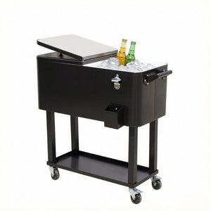 English Elm Mobile Rolling Ice Chest Cart with Bottle Opener and Drainage for Patio Gatherings T3971P537348