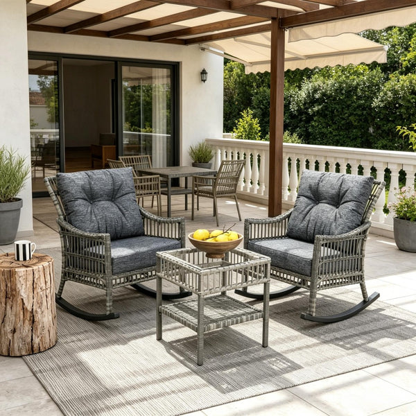 English Elm Backyard Wicker Rocking Chair Set with Tempered Glass Table for Patio or Porch T3971P537376