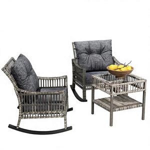 English Elm Backyard Wicker Rocking Chair Set with Tempered Glass Table for Patio or Porch T3971P537376
