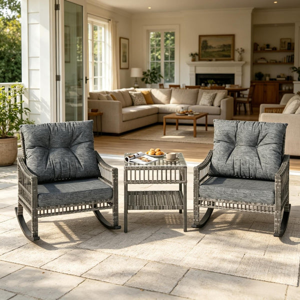 English Elm Backyard Wicker Rocking Chair Set with Tempered Glass Table for Patio or Porch T3971P537376