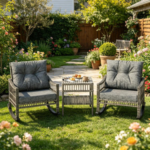 English Elm Backyard Wicker Rocking Chair Set with Tempered Glass Table for Patio or Porch T3971P537376