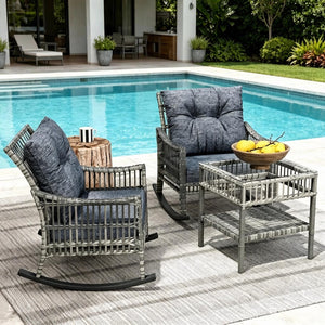 English Elm Backyard Wicker Rocking Chair Set with Tempered Glass Table for Patio or Porch T3971P537376