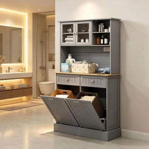 English Elm Freestanding Tall Pantry Cabinet with Charging Station Glass Doors and Tilt Bins T3971P537567