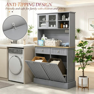 English Elm Freestanding Tall Pantry Cabinet with Charging Station Glass Doors and Tilt Bins T3971P537567