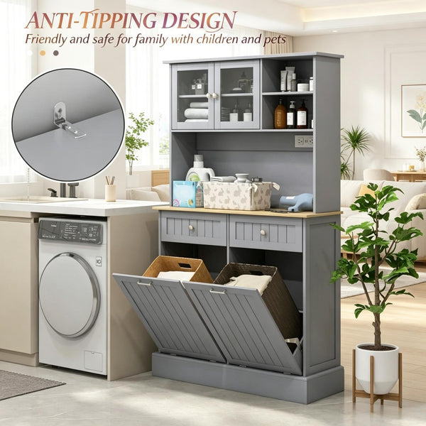 English Elm Freestanding Tall Pantry Cabinet with Charging Station Glass Doors and Tilt Bins T3971P537567