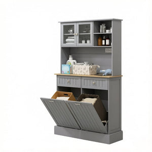 English Elm Freestanding Tall Pantry Cabinet with Charging Station Glass Doors and Tilt Bins T3971P537567