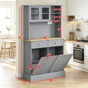English Elm Freestanding Tall Pantry Cabinet with Charging Station Glass Doors and Tilt Bins T3971P537567