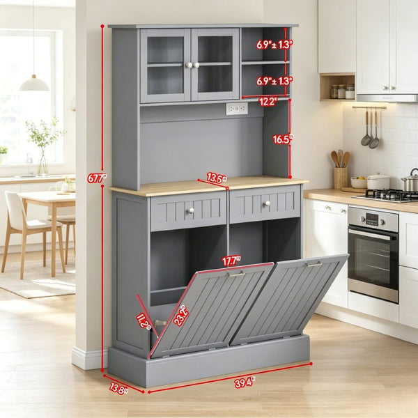 English Elm Freestanding Tall Pantry Cabinet with Charging Station Glass Doors and Tilt Bins T3971P537567