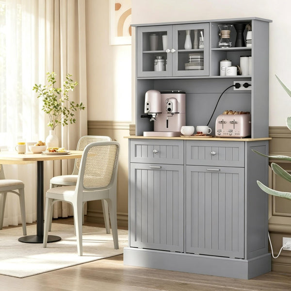 English Elm Freestanding Tall Pantry Cabinet with Charging Station Glass Doors and Tilt Bins T3971P537567