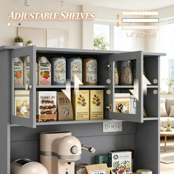 English Elm Freestanding Tall Pantry Cabinet with Charging Station Glass Doors and Tilt Bins T3971P537567