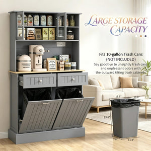 English Elm Freestanding Tall Pantry Cabinet with Charging Station Glass Doors and Tilt Bins T3971P537567