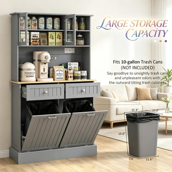 English Elm Freestanding Tall Pantry Cabinet with Charging Station Glass Doors and Tilt Bins T3971P537567
