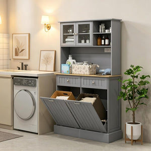 English Elm Freestanding Tall Pantry Cabinet with Charging Station Glass Doors and Tilt Bins T3971P537567