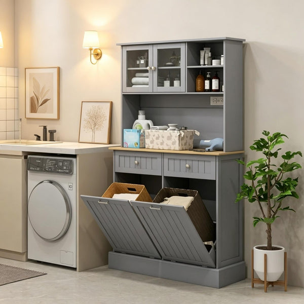 English Elm Freestanding Tall Pantry Cabinet with Charging Station Glass Doors and Tilt Bins T3971P537567