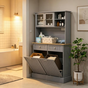 English Elm Freestanding Tall Pantry Cabinet with Charging Station Glass Doors and Tilt Bins T3971P537567