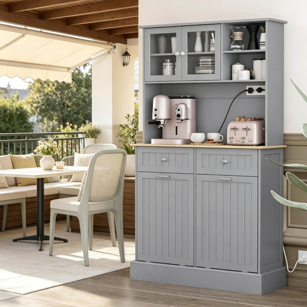 English Elm Freestanding Tall Pantry Cabinet with Charging Station Glass Doors and Tilt Bins T3971P537567