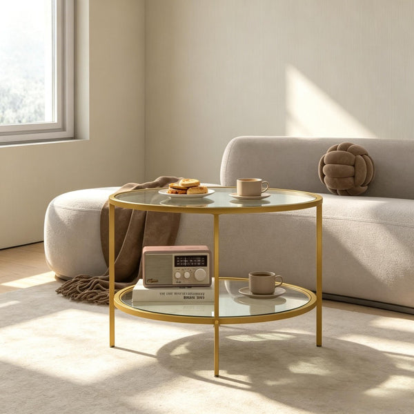 English Elm Round Tiered Glass End Table with Gold Steel Frame for Glam Living Room Decor T3971P537589