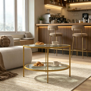 English Elm Round Tiered Glass End Table with Gold Steel Frame for Glam Living Room Decor T3971P537589