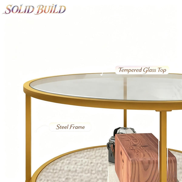 English Elm Round Tiered Glass End Table with Gold Steel Frame for Glam Living Room Decor T3971P537589