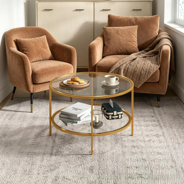 English Elm Round Tiered Glass End Table with Gold Steel Frame for Glam Living Room Decor T3971P537589
