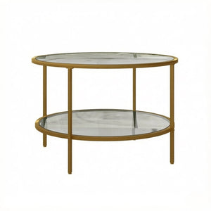 English Elm Round Tiered Glass End Table with Gold Steel Frame for Glam Living Room Decor T3971P537589