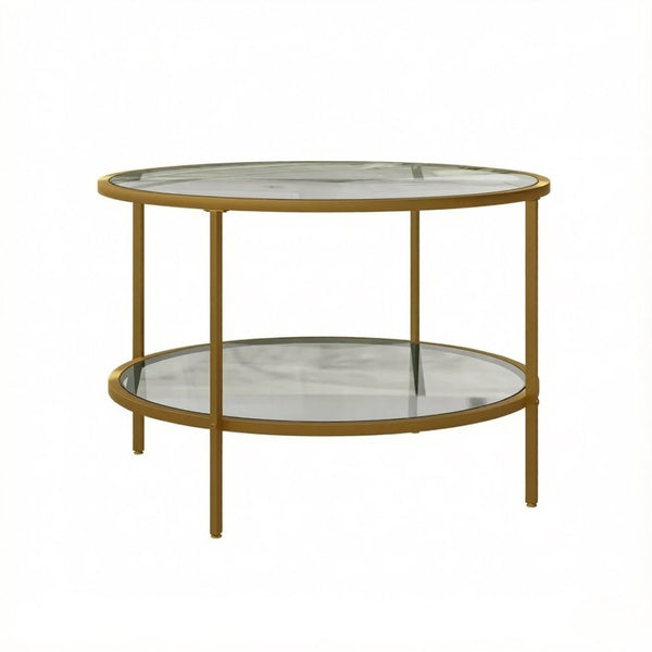 English Elm Round Tiered Glass End Table with Gold Steel Frame for Glam Living Room Decor T3971P537589