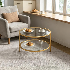 English Elm Round Tiered Glass End Table with Gold Steel Frame for Glam Living Room Decor T3971P537589
