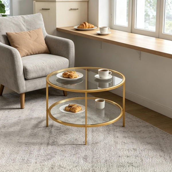 English Elm Round Tiered Glass End Table with Gold Steel Frame for Glam Living Room Decor T3971P537589