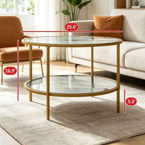 English Elm Round Tiered Glass End Table with Gold Steel Frame for Glam Living Room Decor T3971P537589