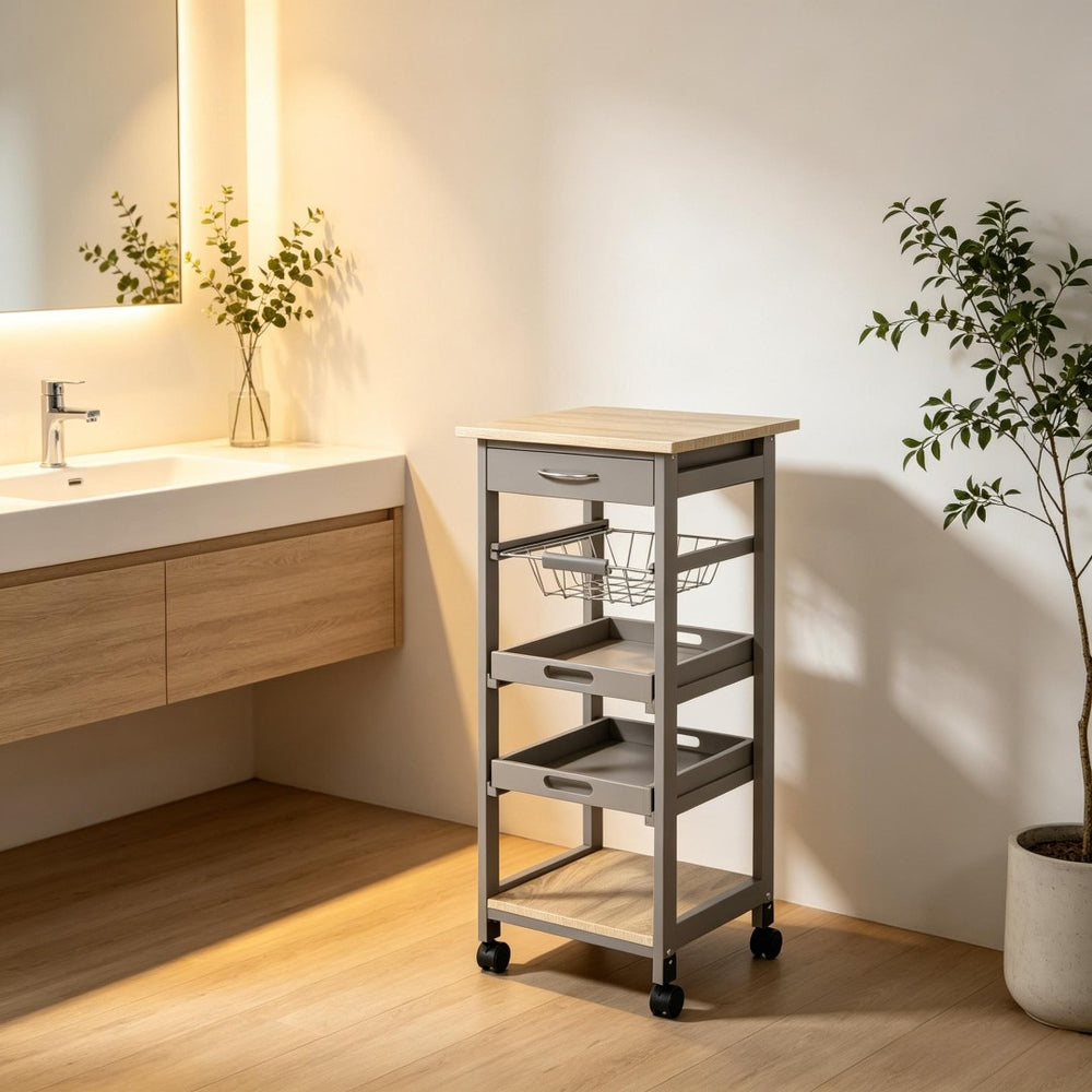English Elm Mobile Rolling Storage Cart with Oak Top Wire Basket and Drawer for Kitchen or Craft Room T3971P538407